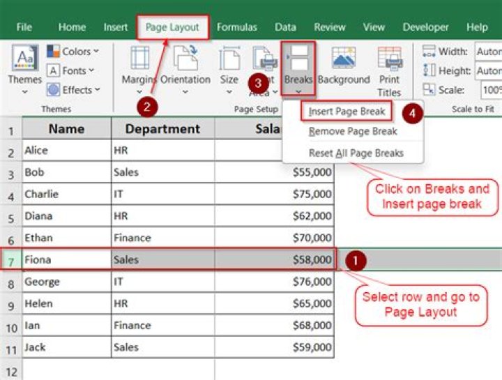 How do I insert a page break after every row in Excel?